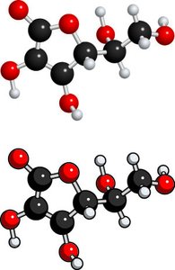 Molecular models of ascorbic acid (vitamin C), illustrating polyprotic acid structure