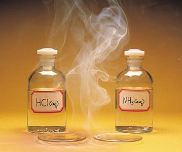 Bottles of HCl(aq) and NH3(aq) with smoke forming between them, illustrating the reaction to form NH4Cl(s)