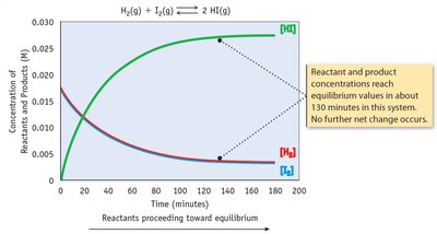 Concentration vs. time graph showing approach to equilibrium