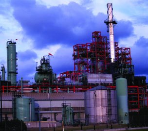 Fractionation tower at an oil refinery, used for separating alkanes by boiling point