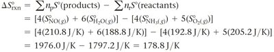 Worked calculation for ΔS°rxn for the reaction 4 NH3 + 5 O2 → 4 NO + 6 H2O