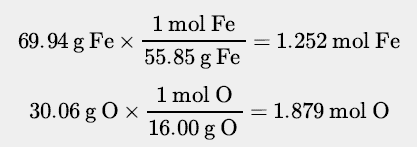 Conversion of mass to moles for Fe and O