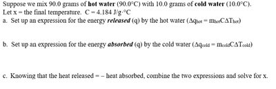 Example calculation setup for mixing hot and cold water and solving for final temperature