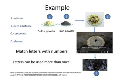 Example of mixture, pure substance, compound, element