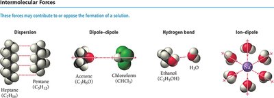 Types of intermolecular forces: dispersion, dipole-dipole, hydrogen bond, ion-dipole