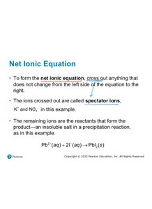 Slide explaining net ionic equation and spectator ions