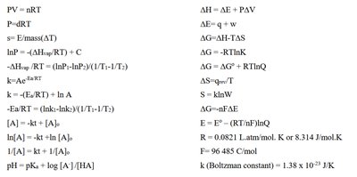 Formula sheet with equations for gas laws, thermochemistry, kinetics, equilibrium, acid-base, and electrochemistry