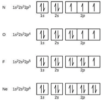 Orbital box diagrams for N, O, F, Ne