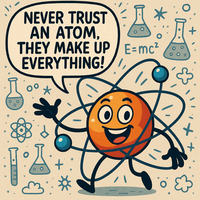 Cartoon atom with text: Never trust an atom, they make up everything!