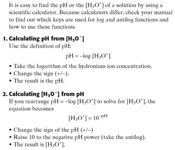 Instructions for calculating pH and H3O+