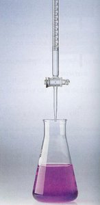Titration setup with buret and Erlenmeyer flask