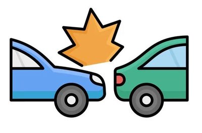 Cartoon of two cars colliding, representing molecular collisions