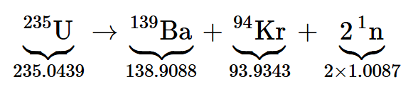 Uranium fission equation with mass numbers
