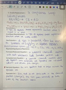 Handwritten notes on double replacement reactions, precipitation, gas evolution, and net ionic equations
