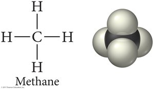 Methane structural and space-filling model
