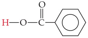 Structure of benzoic acid with ionizable proton highlighted