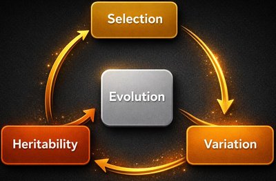 Diagram showing the cycle of selection, variation, and heritability in evolution