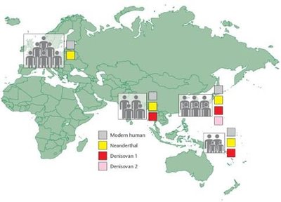 Map showing genetic contributions from Neanderthals and Denisovans to modern human populations