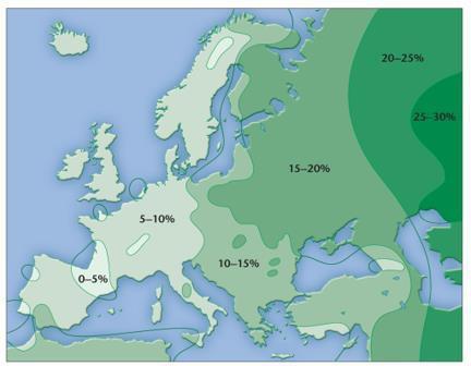 Map showing gradient of allele frequency across Europe, illustrating gene flow