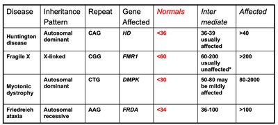 Table of repeat expansion diseases