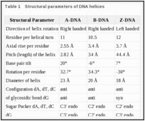 Structural parameters of DNA helices