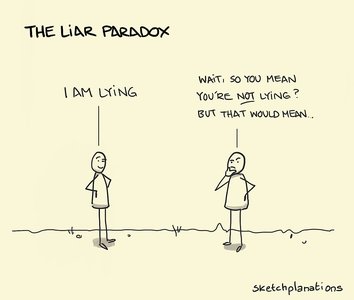 Cartoon illustrating the liar paradox, analogous to the C-value paradox