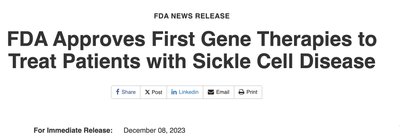 FDA approval for CRISPR-based therapy for sickle cell disease