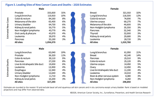 Leading cancer cases and deaths by site and sex, US