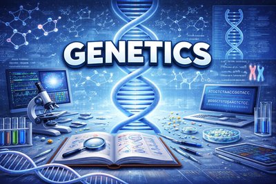 Genetics concept illustration with DNA and lab equipment