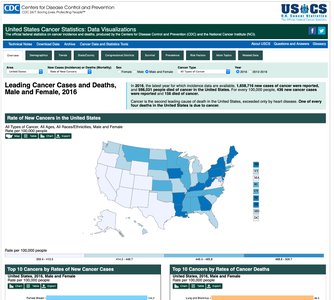 US map showing distribution of cancer cases by state