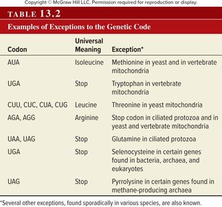 Exceptions to the genetic code table