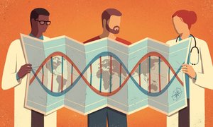 Illustration of scientists with DNA map