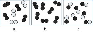 Three boxes showing different arrangements of black and white spheres