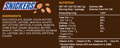 Snickers nutrition label showing energy content