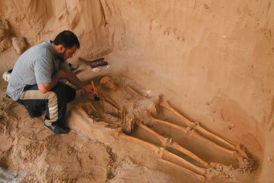 Archaeologist examining skeleton for carbon dating