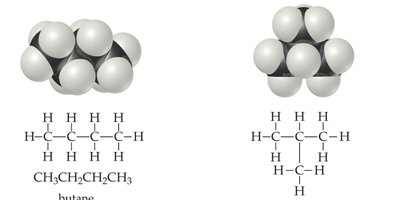 Space-filling models and structures of butane and 2-methylpropane