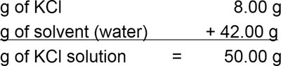 Calculation breakdown for mass percent of KCl solution