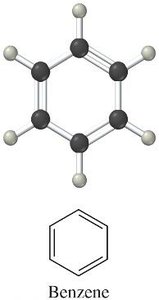 Benzene: ball-and-stick model and skeletal structure