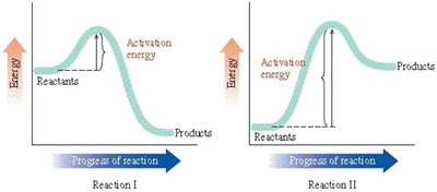 Energy diagrams for two reactions showing activation energy and energy difference between reactants and products