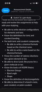 Study checklist for GOB Chemistry including electron configurations, bonding, Lewis structures, VSEPR, and electronegativity