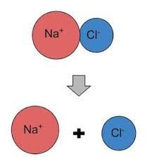 Diagram showing dissociation of NaCl into Na+ and Cl- ions