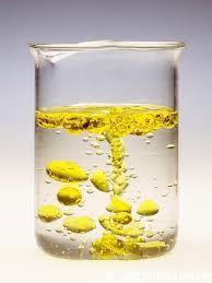 Immiscible liquids: oil and water in a beaker
