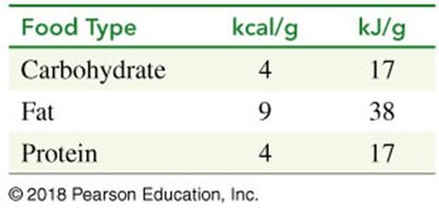 Table of energy content for macronutrients