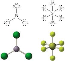 Lewis structures of BCl3 and SF6 with molecular models