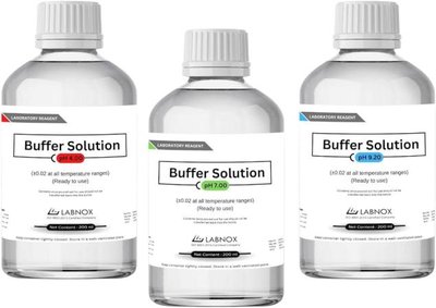 Bottles of buffer solutions with different pH values