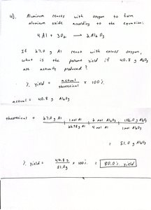 Handwritten percent yield calculation for aluminum oxide