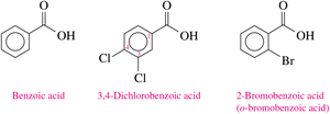 Benzoic acid, 3,4-Dichlorobenzoic acid, 2-Bromobenzoic acid structures