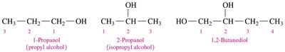 Condensed structural formulas for 1-propanol, 2-propanol, and 1,2-butanediol