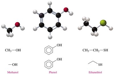 Ball-and-stick models and formulas for methanol, phenol, and ethanethiol