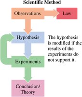 Flowchart of the scientific method showing observations, hypothesis, experiments, and conclusion/theory, with feedback loops and law formation.